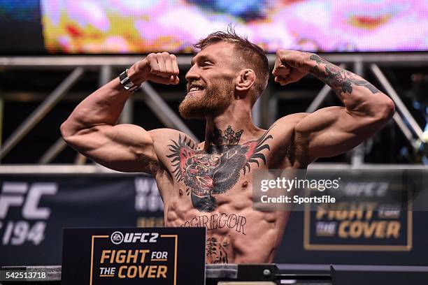 December 2015; Conor McGregor weighs in ahead of his featherweight bout against Jose Aldo. UFC 194: Weigh-In, MGM Grand Garden Arena, Las Vegas, USA....