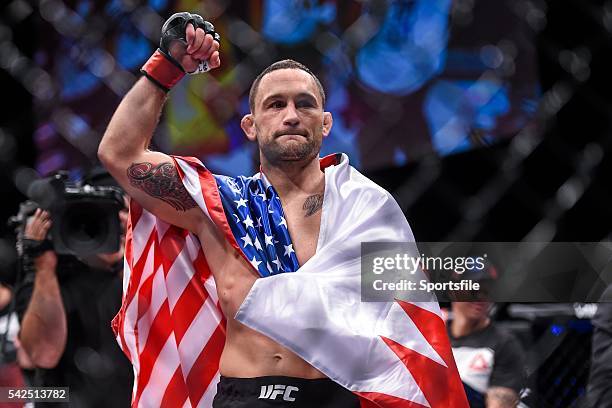 December 2015; Frankie Edgar celebrates beating Chad Mendes in their featherweight bout. The Ultimate Fighter Finale: Team McGregor vs. Team Faber,...