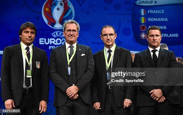 December2015; Republic of Ireland manager Martin O'Neill, centre right, with fellow Group E managers, from left, Antonio Conte, Italy, Erik Hamren,...