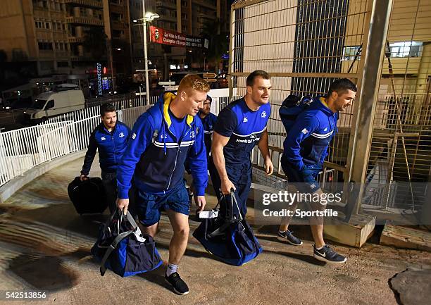 December 2015; Leinster players, from left, Tom Denton, Rhys Ruddock and Rob Kearney arrive for the captain's run before their European Rugby...
