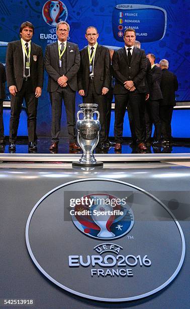 December2015; Republic of Ireland manager Martin O'Neill, centre right, with fellow Group E managers, from left, Antonio Conte, Italy, Erik Hamren,...