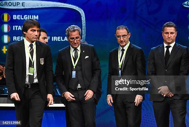 December2015; Republic of Ireland manager Martin O'Neill, centre left, with fellow Group E managers, from left, Antonio Conte, Italy, Erik Hamren,...