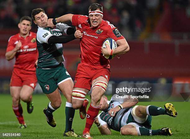 December2015; Robin Copeland, Munster, is tackled by Ben Youngs, Leicester Tigers. European Rugby Champions Cup, Pool 4, Round 3, Munster v Leicester...