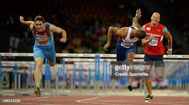 August 2014; Konstantin Shabanov of Russia, left, crosses the line to win the men's 110m hurdles final, from second place William Sharman of Great...