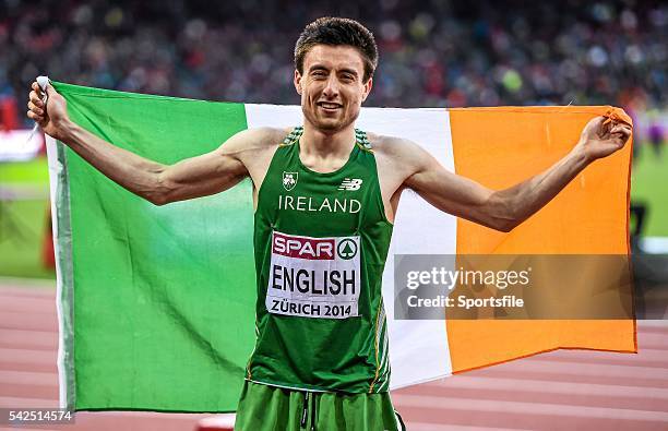 August 2014; Ireland's Mark English celebrates after winning bronze in the men's 800m event, with a season best time of 1:45.03. European Athletics...