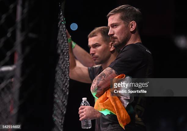 December 2015; John Kavanagh, right, and Artem Lobov ahead of the fight. UFC 194: Jose Aldo v Conor McGregor, MGM Grand Garden Arena, Las Vegas, USA....