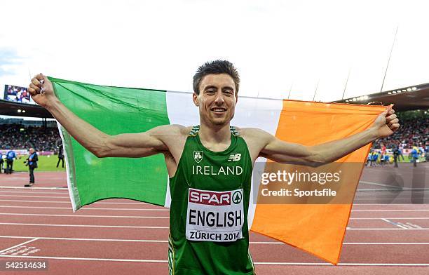 August 2014; Ireland's Mark English celebrates after winning bronze in the men's 800m event, with a season best time of 1:45.03. European Athletics...