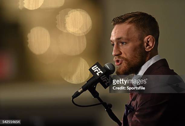 December 2015; UFC featherweight champion Conor McGregor during a post-fight press conference. UFC 194: Jose Aldo v Conor McGregor, MGM Grand Garden...
