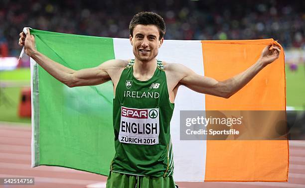 August 2014; Ireland's Mark English celebrates after winning bronze in the men's 800m event, with a season best time of 1:45.03. European Athletics...