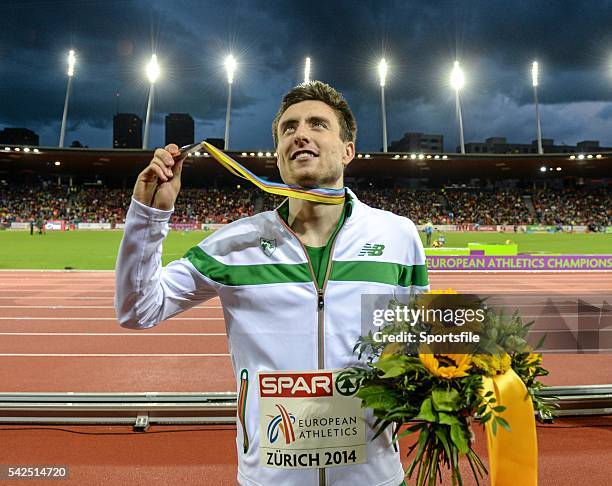 August 2014; Ireland's Mark English celebrates with his bronze medal after the men's 800m final event. English finished with a season best time of...