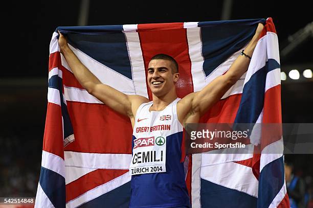 August 2014; Adam Gemili of Great Britain after winning the final of the men's 200m event. European Athletics Championships 2014 Letzigrund Stadium,...