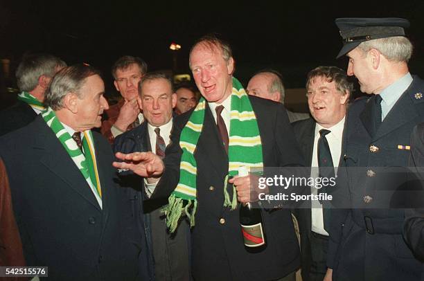 November 1993; Taoiseach Albert Reynolds T.D. Welcomes Irish manager Jack Charlton at Dublin Airport on the teams return from the 1-1 draw with...