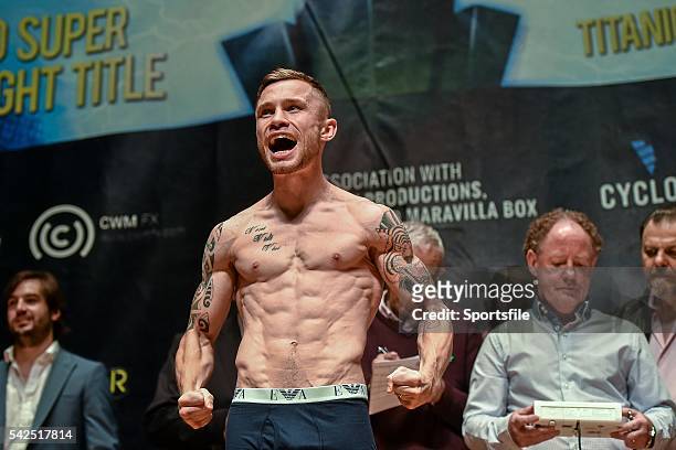September 2014; Carl Frampton during the weigh-in for the IBF super-bantamweight World title fight against Kiko Martinez. Titanic Showdown Weigh In,...