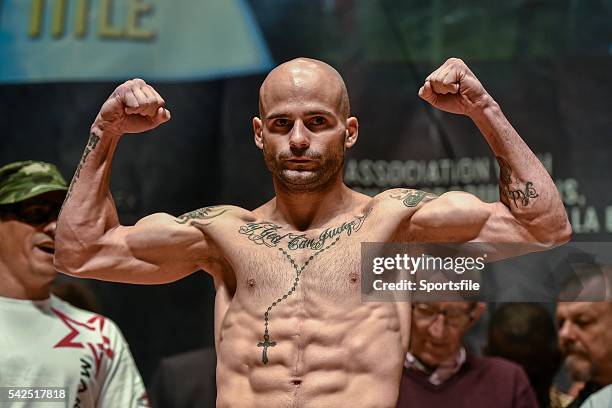 September 2014; Kiko Martinez during the weigh-in for the IBF super-bantamweight World title fight against Carl Frampton. Titanic Showdown Weigh In,...