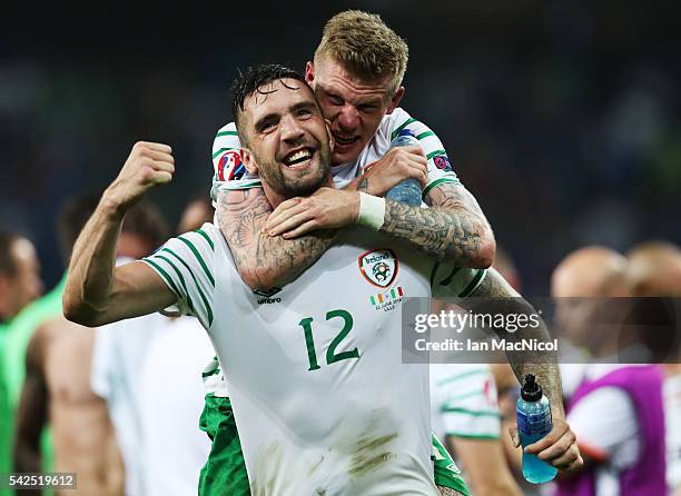 Shane Duffy of Republic of Ireland celebrates with James McClean of Republic of Ireland at the final whistle during the UEFA EURO 2016 Group E match...