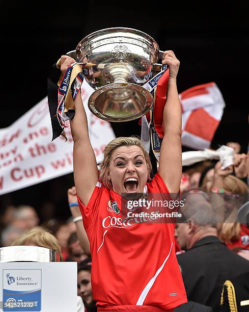September 2014; Cork captain Anna Geary lifts the O'Duffy cup. Liberty Insurance All Ireland Senior Camogie Championship Final, Kilkenny v Cork,...