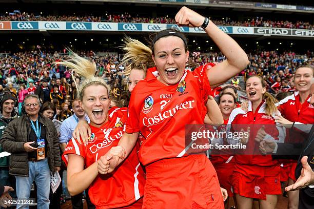 September 2014; Cork's Hazel O'Regan, left and Hannah Looney celebrate at the final whistle. Liberty Insurance All Ireland Senior Camogie...