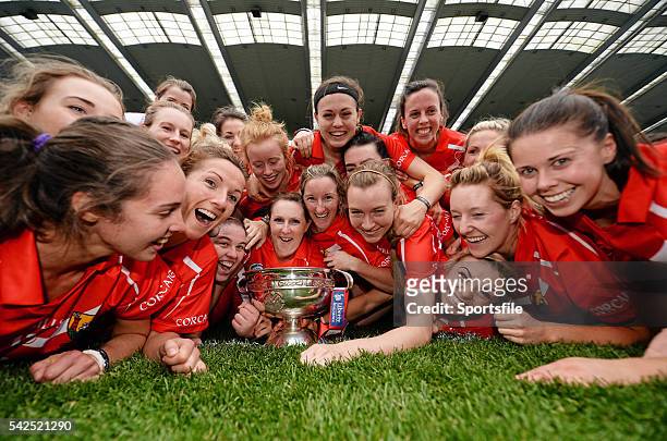 September 2014; The Cork team celebrate with the the O'Duffy cup after the game. Liberty Insurance All Ireland Senior Camogie Championship Final,...