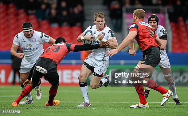 January 2016; Craig Gilroy, Ulster, running at Daniel Ikpefan and Geoffrey Fabbri, Oyonnax. European Rugby Champions Cup, Pool 1, Round 1 Refixture,...