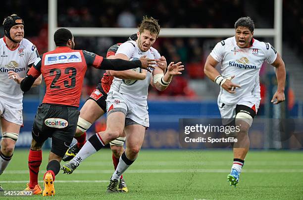 January 2016; Stewart McCloskey, Ulster, is tackled by George Robson, Oyonnax. European Rugby Champions Cup, Pool 1, Round 1 Refixture, Oyonnax v...
