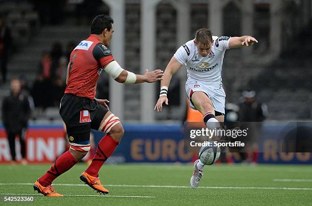 January 2016; Craig Gilroy, Ulster, in action against Pierrick Gunther, Oyonnax. European Rugby Champions Cup, Pool 1, Round 1 Refixture, Oyonnax v...