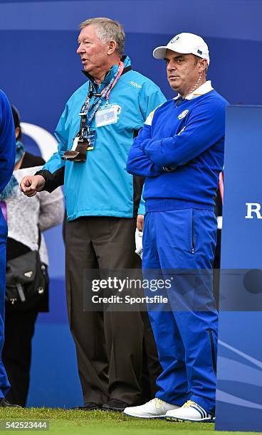 September 2014; Sir Alex Ferguson with European team captain Paul McGinley before the start on the Singles Matches. The 2014 Ryder Cup, Final Day....