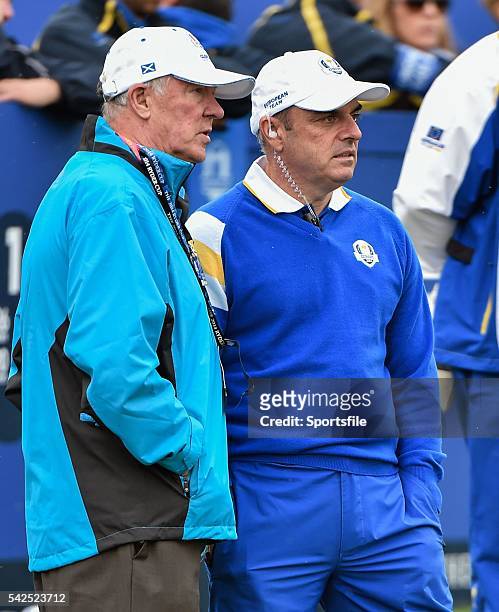 September 2014; Sir Alex Ferguson with European team captain Paul McGinley before the start on the Singles Matches. The 2014 Ryder Cup, Final Day....