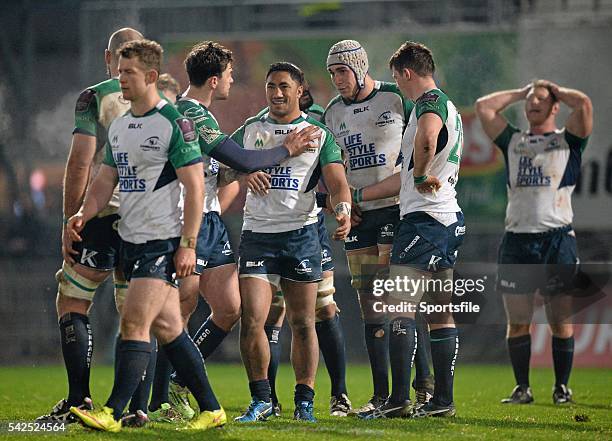 January 2016; Bundee Aki, Connacht, is consoled by Danie Poolman after the game. European Rugby Challenge Cup, Pool 1, Round 5, Brive v Connacht....