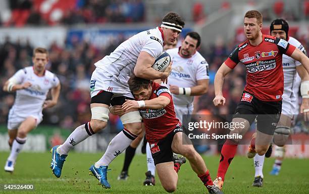 January 2016; Robbie Diack, Ulster, is tackled by Julien Blanc, Oyonnax. European Rugby Champions Cup, Pool 1, Round 6, Ulster v Oyonnax, Kingspan...