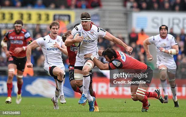 January 2016; Robbie Diack, Ulster, is tackled by Pedrie Wannenburg, Oyonnax. European Rugby Champions Cup, Pool 1, Round 6, Ulster v Oyonnax,...