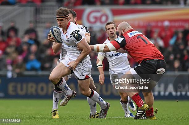 January 2016; Andrew Trimble, Ulster, is tackled by Jeremie Maurouard, Oyonnax . European Rugby Champions Cup, Pool 1, Round 6, Ulster v Oyonnax,...