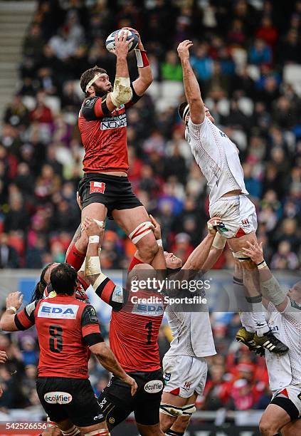 January 2016; Alan O'Connor, Ulster, trys to steal the ball in the lineout from Geoffrey Fabbri, Oyonnax. European Rugby Champions Cup, Pool 1, Round...