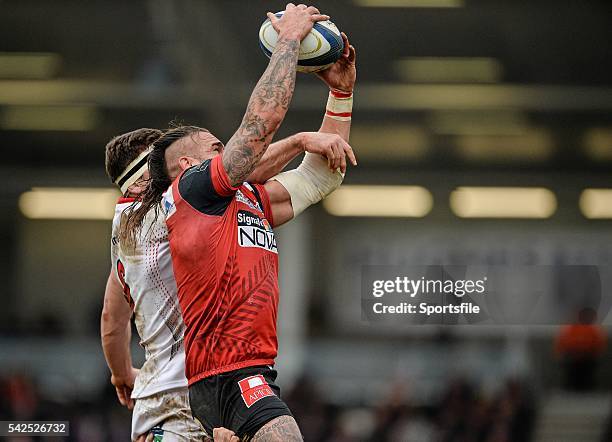 January 2016; Robbie Diack, Ulster, trys to steal the ball in the line out from Pierrick Gunther, Oyonnax. European Rugby Champions Cup, Pool 1,...