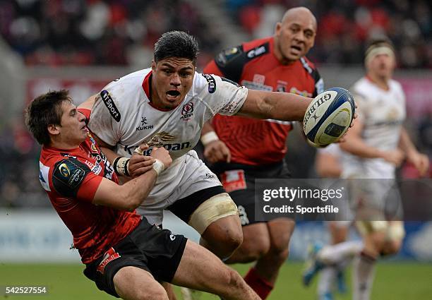 January 2016; Nick Williams, Ulster, is tackled by Julien Blanc, Oyonnax. European Rugby Champions Cup, Pool 1, Round 6, Ulster v Oyonnax, Kingspan...