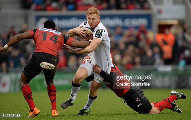 January 2016; Rory Scholes, Ulster, is tackled by Dug Codjo, Oyonnax. European Rugby Champions Cup, Pool 1, Round 6, Ulster v Oyonnax, Kingspan...