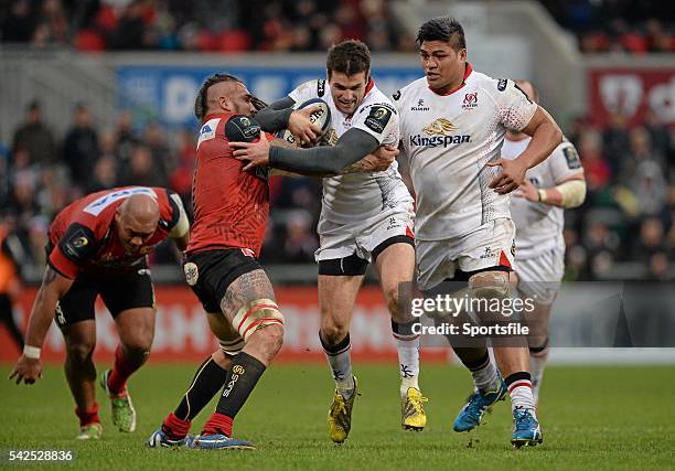 January 2016; Jared Payne, Ulster, is tackled by Pierrick Gunther, Oyonnax. European Rugby Champions Cup, Pool 1, Round 6, Ulster v Oyonnax, Kingspan...