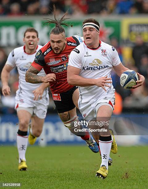 January 2016; Rob Herring, Ulster, in action against Pierrick Gunther, Oyonnax. European Rugby Champions Cup, Pool 1, Round 6, Ulster v Oyonnax,...