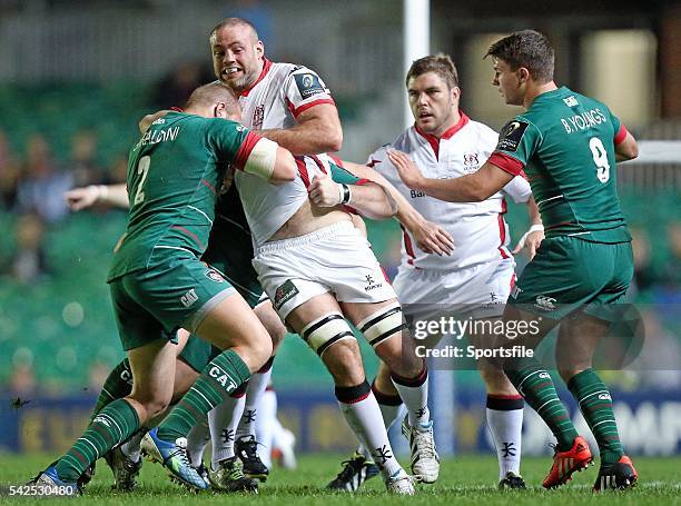 October 2014; Lewis Stevenson, Ulster, is tackled by Leonardo Ghiraldini, Leicester Tigers. European Rugby Champions Cup 2014/15, Pool 3, Round 1,...