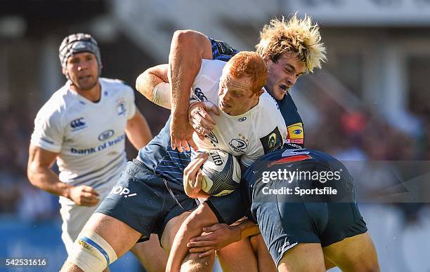 October 2014; Darragh Fanning, Leinster, is tackled by Richie Gray and Brice Mach, right, Castres. European Rugby Champions Cup 2014/15, Pool 2,...