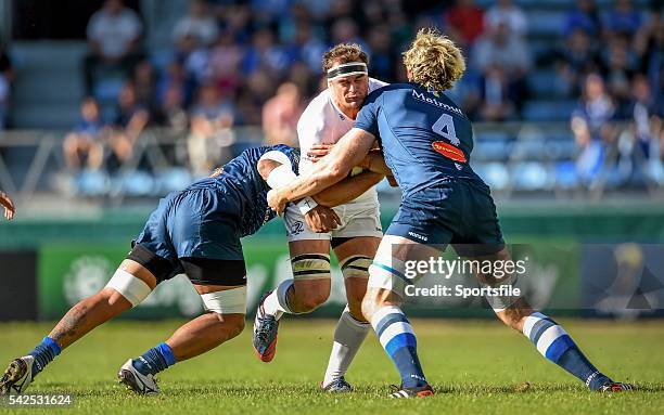 October 2014; Rhys Ruddock, Leinster, is tackled by Jannie Bornman and Richie Gray, right, Castres. European Rugby Champions Cup 2014/15, Pool 2,...