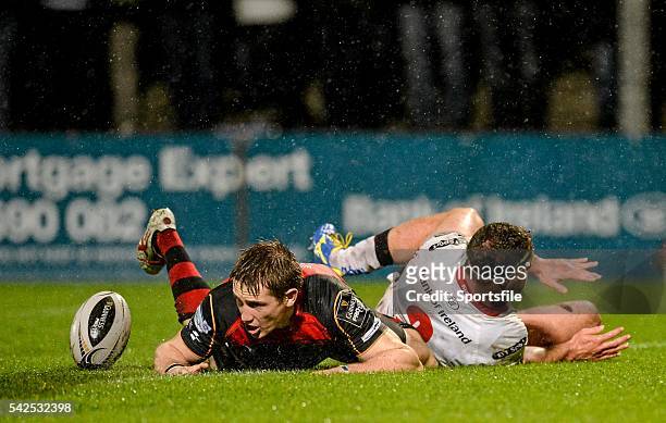 November 2014; Aled Brew, Newport Gwent Dragons, marginally beats Wiehahn Herbst, Ulster, to touch down the ball preventing an Ulster try. Guinness...