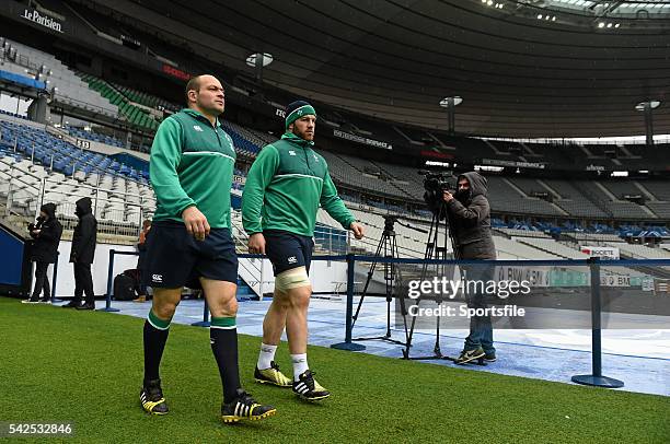 February 2016; Ireland's Rory Best, left, and Sean O'Brien arrive for the captain's run. Ireland Rugby Captain's Run. Stade de France, Saint Denis,...