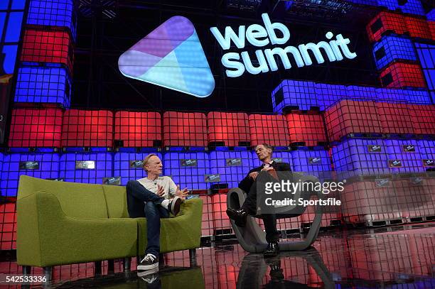 November 2014; David Carr, Journalist and Author, The New York Times in conversation with John Sculley, Former CEO, Apple, on the centre stage during...
