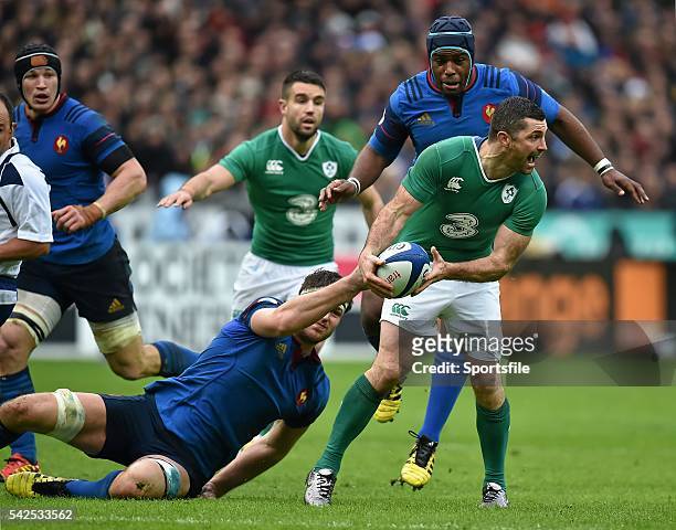 February 2016; Rob Kearney, Ireland, is tackled by Alexandre Flanquart, France. RBS Six Nations Rugby Championship, France v Ireland. Stade de...