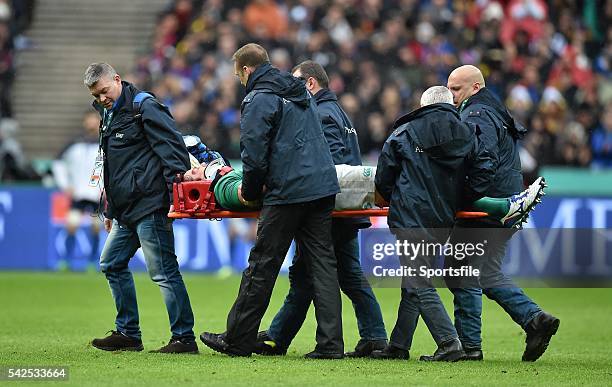 February 2016; Mike McCarthy, Ireland, is stretchered from the pitch. RBS Six Nations Rugby Championship, France v Ireland. Stade de France, Saint...