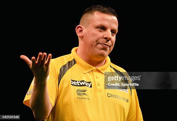 Febraury 2016; Dave Chisnall celebrates following his win against Michael Smith during the Betway Premier League Darts. 3 Arena, Dublin. Picture...