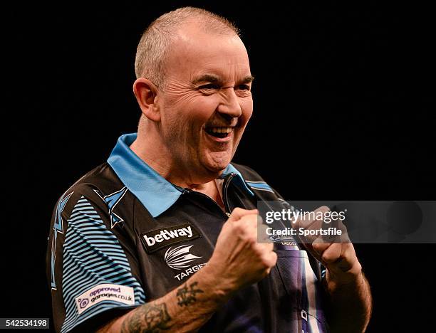 Febraury 2016; Phil Taylor celebrates following his win against Gary Anderson during the Betway Premier League Darts. 3 Arena, Dublin. Picture...