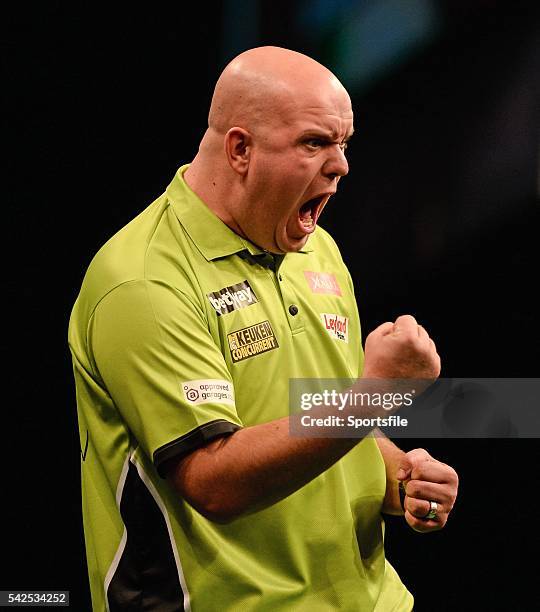 Febraury 2016; Michael Van Gerwen competes against Adrian Lewis during the Betway Premier League Darts. 3 Arena, Dublin. Picture credit: Seb Daly /...