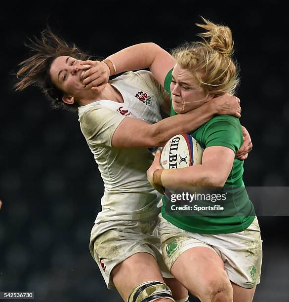 February 2016; Cliodhna Moloney, Ireland, hands off Sarah Hunter, England. Women's Six Nations Rugby Championship, England v Ireland. Twickenham...