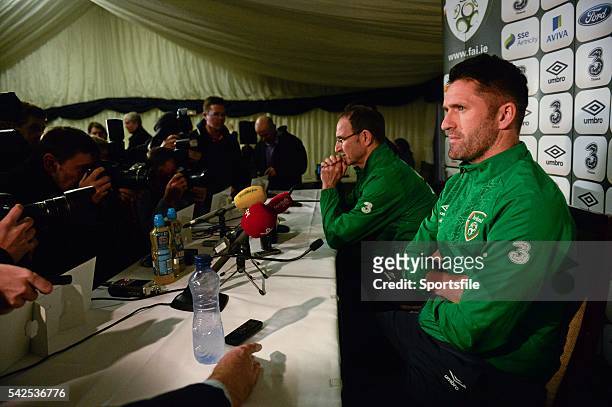 November 2014; Republic of Ireland manager Martin O'Neill, left, and Robbie Keane speaking to the press ahead of their UEFA EURO 2016 Championship...